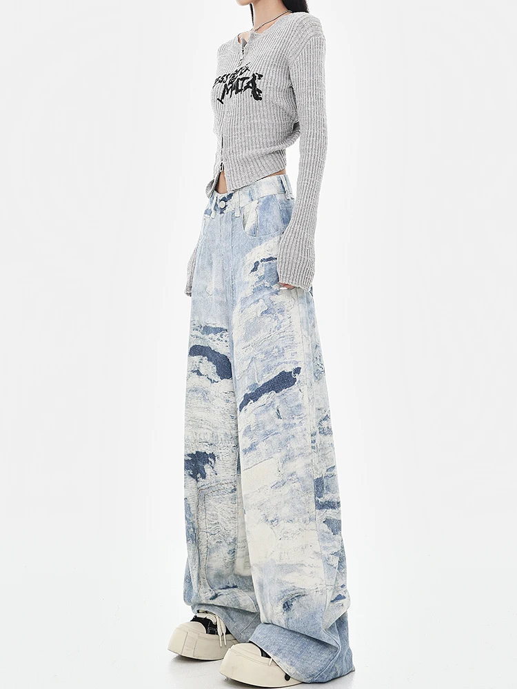 Pantaloni da donna nuovi primaverili e autunnali, pantaloni in denim alla moda a gamba larga a vita alta tinti con cravatta blu