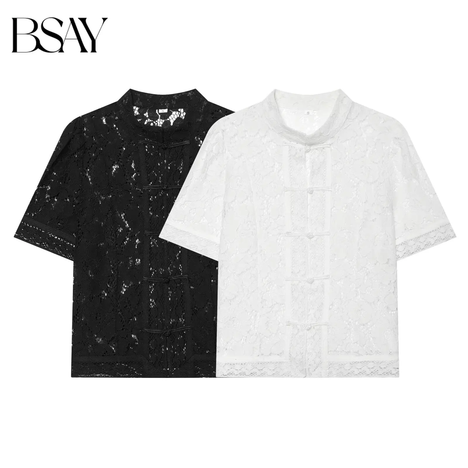 BSAY 2026 Elegantes Damenhemd im Chinesischen Stil mit Froschknöpfen Kurzärmeliges Spitzenhemd mit Stehkragen Tägliches Casual-Chic Damen-Oberteil Mujer
