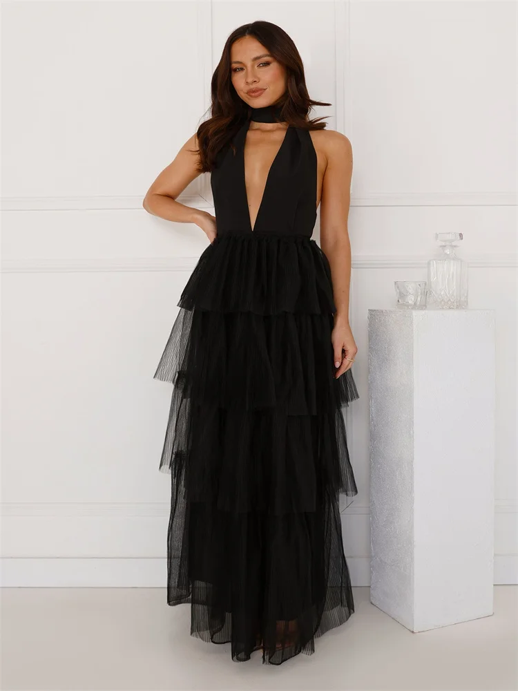 New Arrival Tie-Up Halter Neckline Sleeveless Tulle A-Line Evening Dress Elegant Open Back Floor Length Ruffles Gown For Women