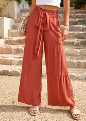 Europe and the United States summer women's fashion bandage stitching high waist wrinkled wide leg pants casual plain slacks