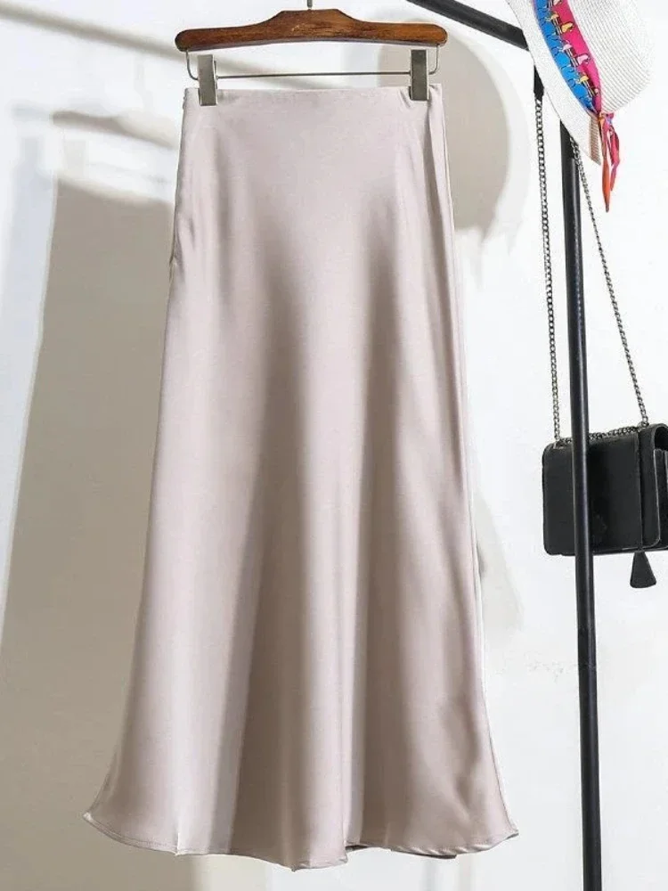 

Elegant Champagne Women's Long Skirt 2025 New Fashion Office Lady Elastic Waist Satin Skirt Temperament A-LINE Skirt for Women