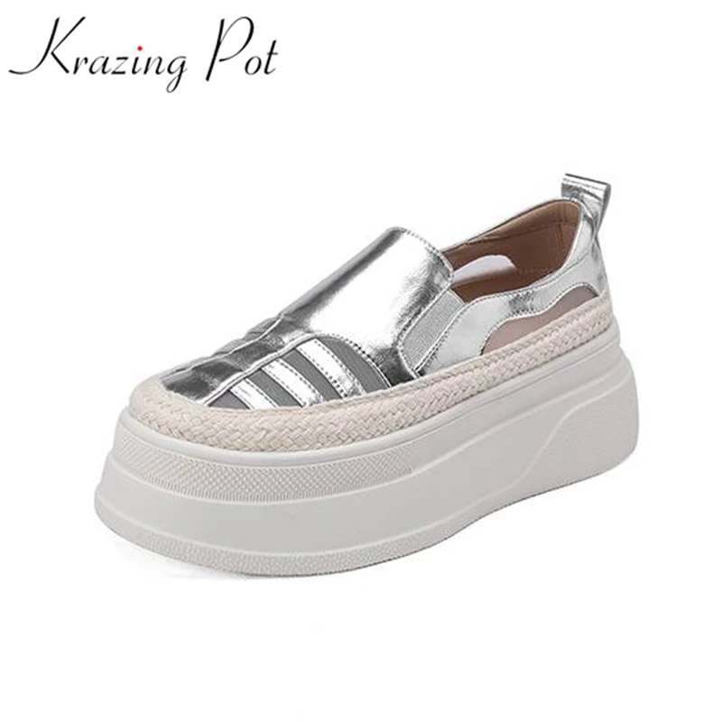 Krazing Pot Cow Leather Brand Ventilate Leisure Round Toe Hollow Decoration Platform Sneakers Slip On Women Vulcanized Shoes