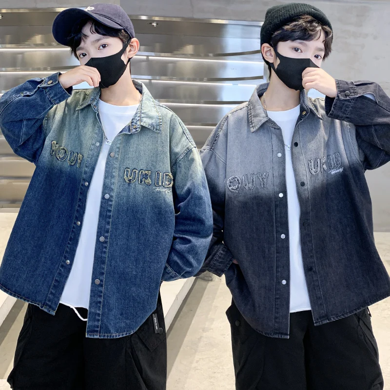 

Kids Boys Autumn Jeans Coats Fashion Turn Down Collar Single-Breasted Denim Jacket Long Sleeves Children Gradient Outerwear 5-14