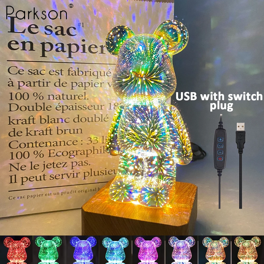LED Fireworks Lamps 3D Bear Night Light USB Dimmable Projector Colorful Atmosphere Desktop Bedroom Table Decora Lighting Gift