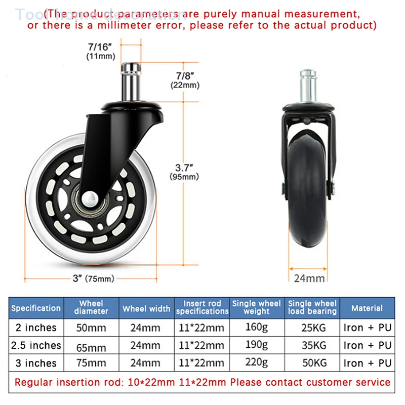 ล้อเก้าอี้สำนักงานแบบหนาพิเศษ ปลอดภัยสำหรับทุกพื้นผิว ขนาด 3 นิ้ว ทำจากยาง ใช้แทนล้อเก้าอี้สำหรับโต๊ะทำงาน