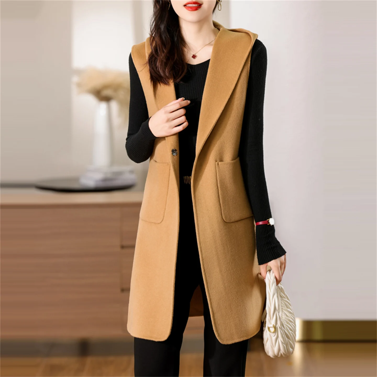 

Women's casual double-sided 100% wool coat vest long cardigan hooded collar pocket jacket