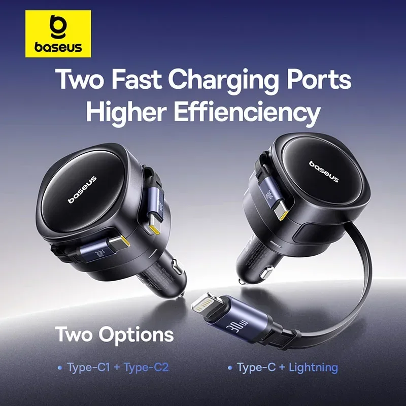 Baseus 60 واط شاحن سيارة USB-C نوع-C IP كابل مزدوج قابل للسحب PD QC SCP AFC PPS شحن سريع للكمبيوتر اللوحي آيفون سامسونج هواوي