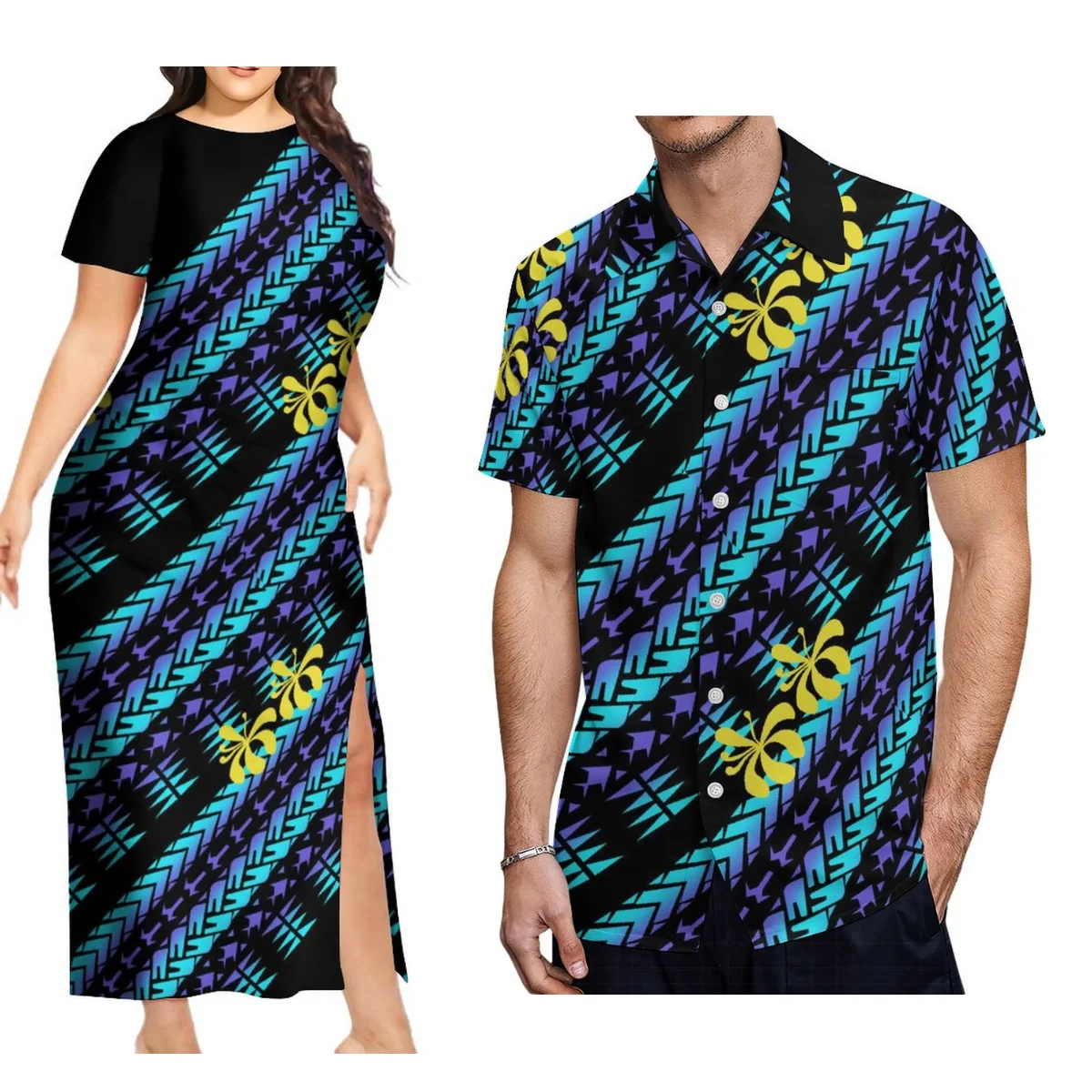 

High Quality Summer Women'S Short Sleeve Dress Slit Long Dress Polynesian Tribal Design Hawaiian Men'S Shirt Couple Set