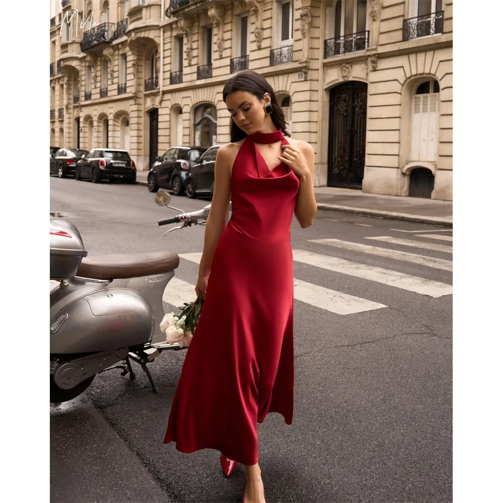 

Mila Red Halter Neck Customized Ankle-Length Evening Dresses Sleeveless Prom Dress 2025 Backless Wedding Party Formal Gowns