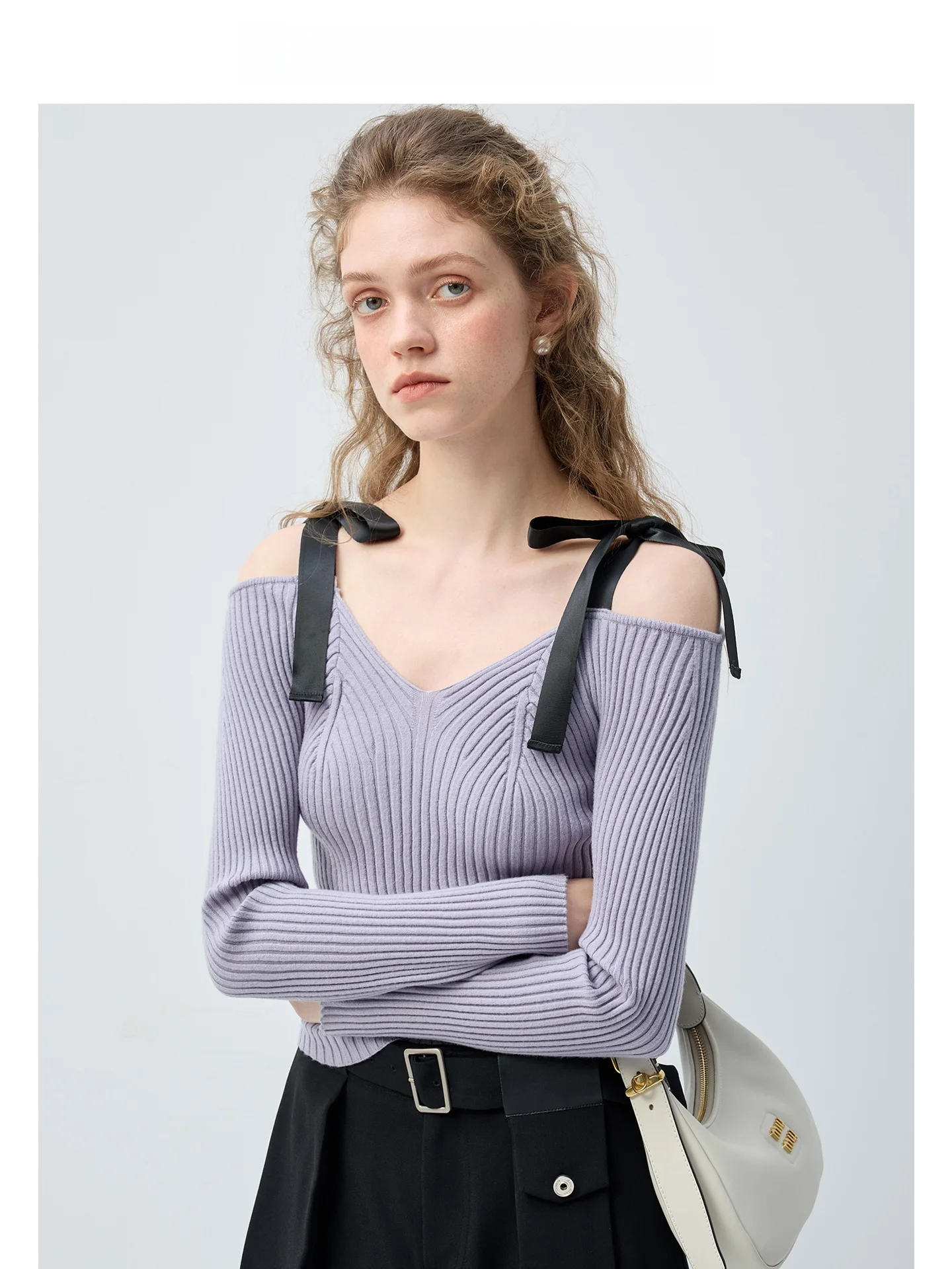 Vega Chang Lavender Shoulder Bared Women's Knitted Wool Sweater Slim Fit Long Sleeve V-Neck Daily Wear Comfortable Breathable