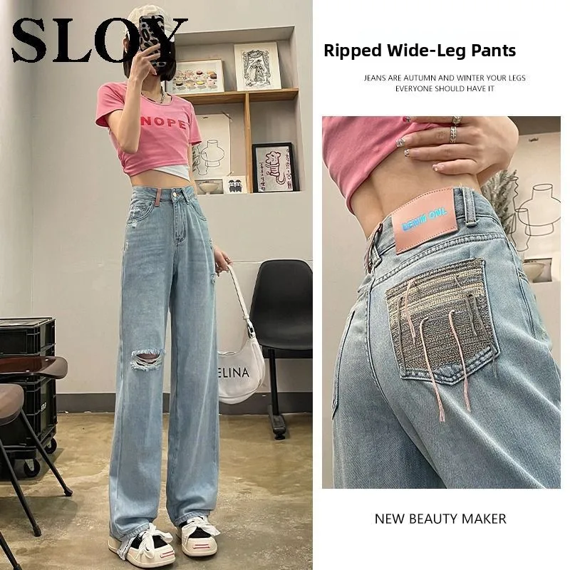 Jeans de Mujer de Cintura Alta y Pierna Ancha, Diseño Individual, Estilo Casual, Corte Holgado, Pantalones Largos con Cierre de Cremallera