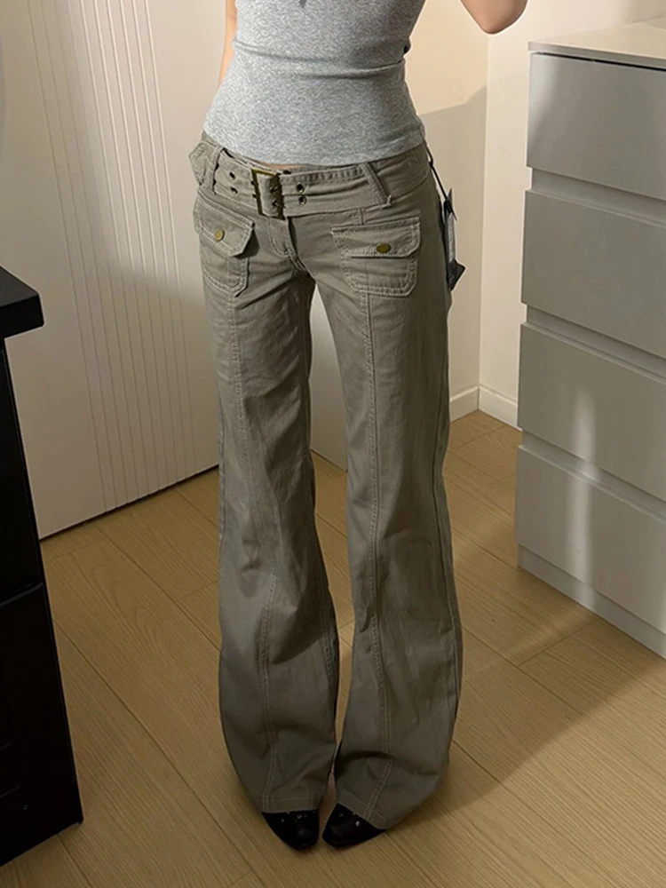 

American Style Spicy Girl Grey Functional Workwear Pants Women Summer Vintage Design Loose Straight Floor-Length Trousers
