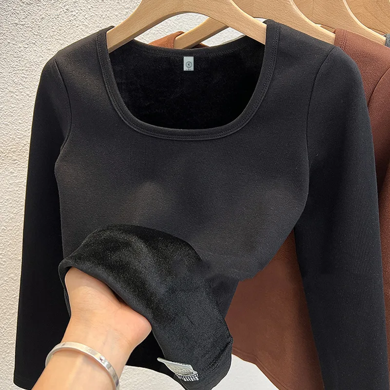 Winter women's thermal underwear fashion T-shirt slim-fit casual solid color shirt long sleeve plus velvet with warm base shirt