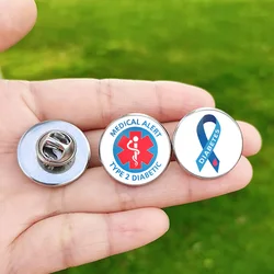 Medical Alert Pin Type 1 2 Diabetes Ribbon Sign Glass Dome Stainless Steel Lapel Badge Brooches for Men Women