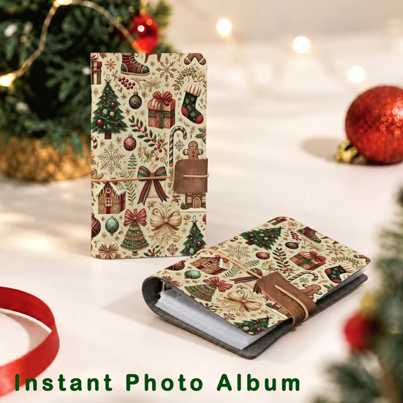 Vintage Christmas Pattern Photo Album 20 Pages 80 Pockets PU Cover Double Pocket Portable Memory Book Holiday Photo Storage Gift