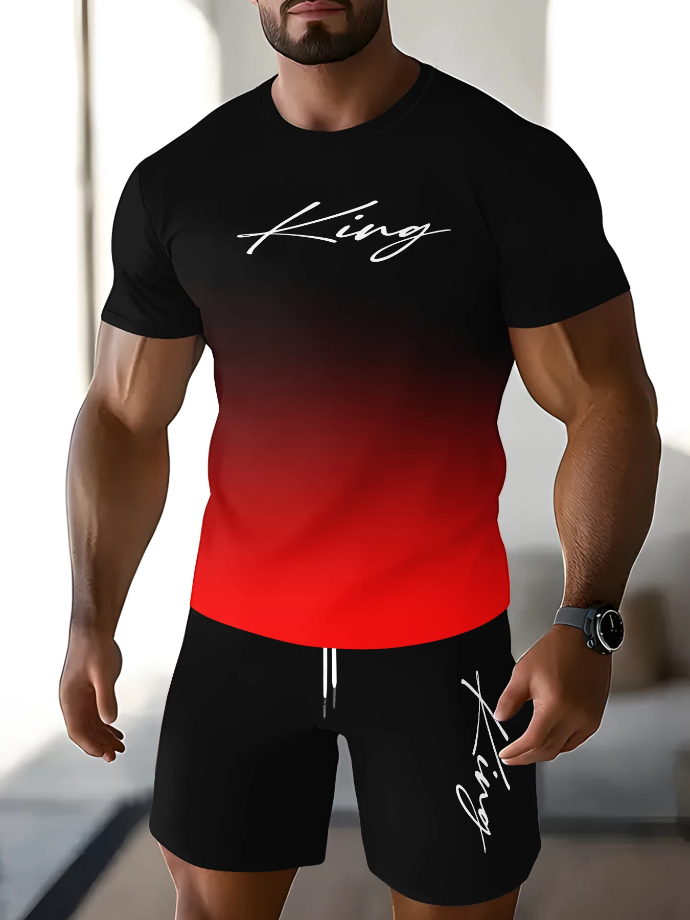 

Модная мужская текстурированная костюмная футболка с рукописным буквенным узором, повседневный и уникальный наряд из двух предметов