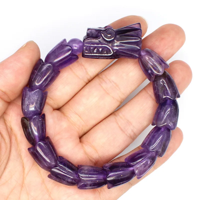 Crystal Carved Dragon Head Round Beads Stone Women Bracelets Natural Amethyst Quartz Lapis Lazuli Stone Dragon Bracelet Jewelry