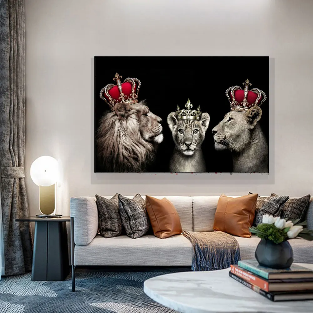 

Modern Royal Lion King Queen Wearing Crowns Family Poster Prints Wall Art Canvas Animal Art Painting for Living Room Home Decor