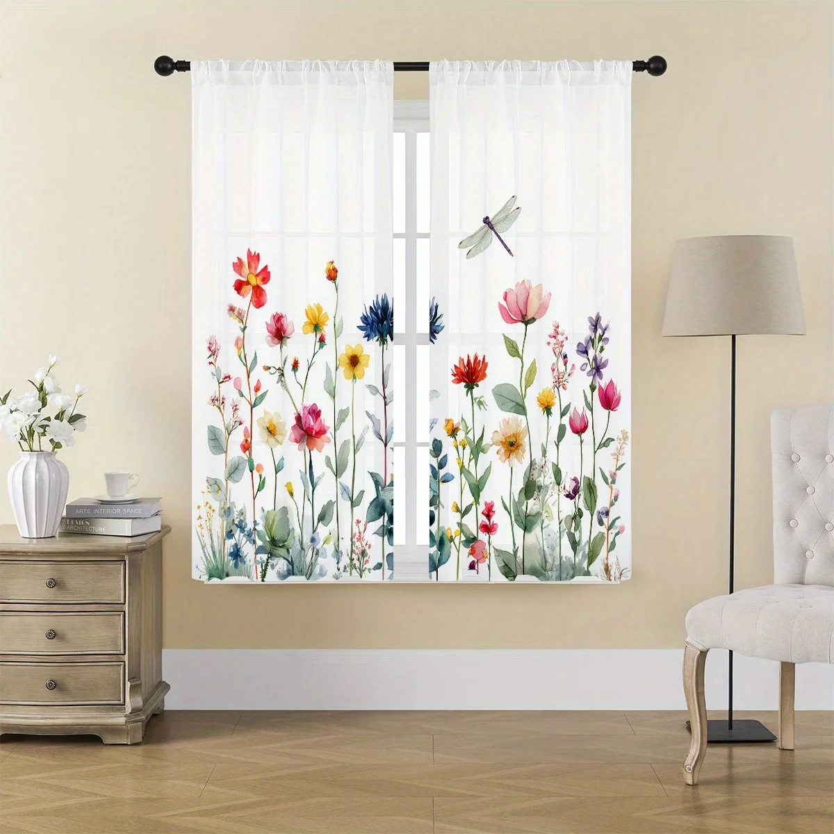 2PCS Digital Printing Sheer Curtain, Colorful Wildflowers Dragonfly Pattern, Watercolor Natural Spring Meadow Botanical Decor