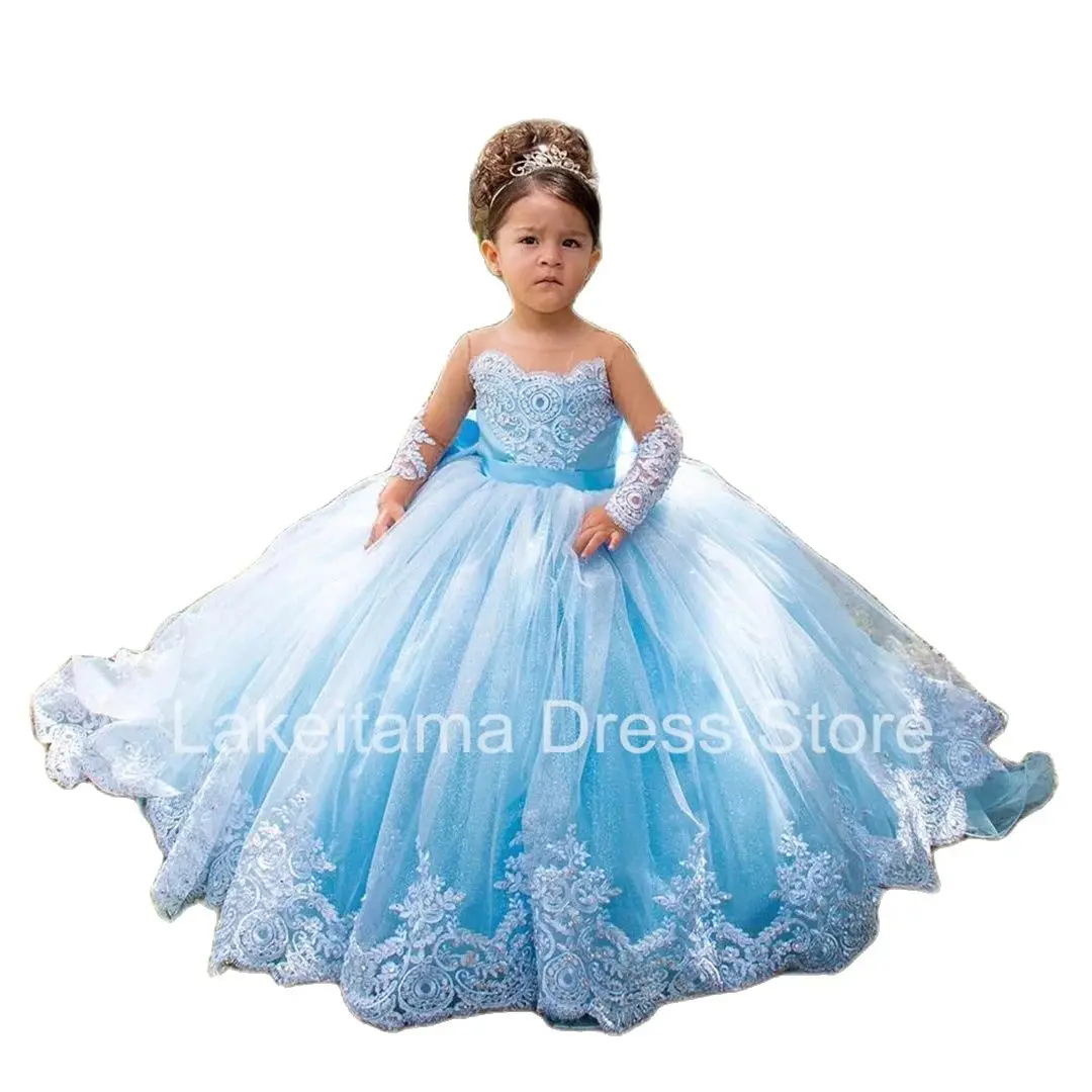 Robes à fleurs bleu ciel pour filles, en Tulle, avec nœud perlé, manches longues, pour fête de mariage, anniversaire, concours, Robe de première Communion