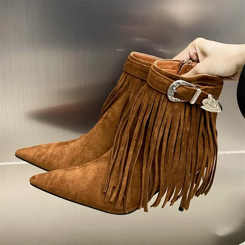 Eilyken Street Style Tassels Belt Buckle Women Ankle Boots Sexy Thin Heels Zipper Pointed Toe Wedding Banquet Shoes