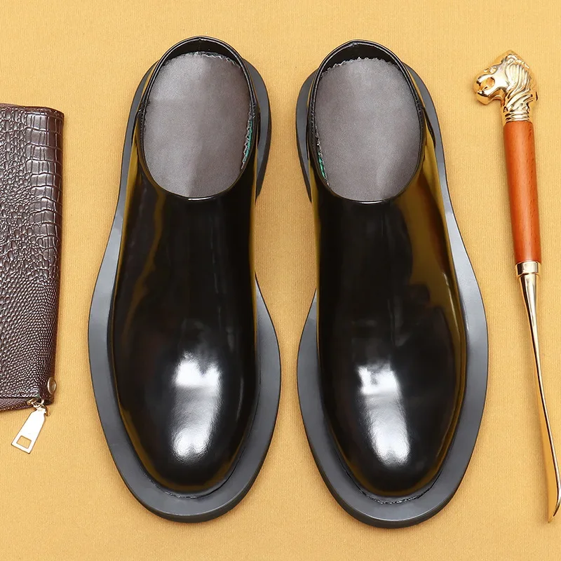 

Luxury Patent Leather Mens Half Shoes Slippers Genuine Leather Handmade 2026 New Style Summer Party Business Sandals Shoes Man