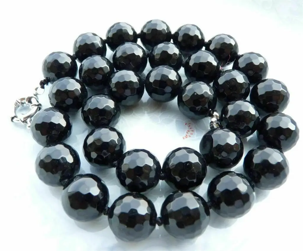 

Faceted 6mm 8mm 10mm 12mm Black Agate Round Gemstone Beads Necklace 18" AAA++