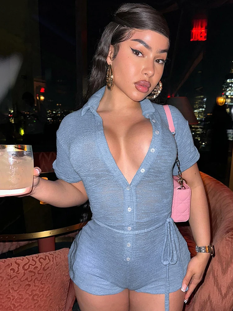 

Женский однотонный Вязаный комбинезон Sibybo, повседневный однобортный комбинезон с лацканами, одежда для девушек на лето