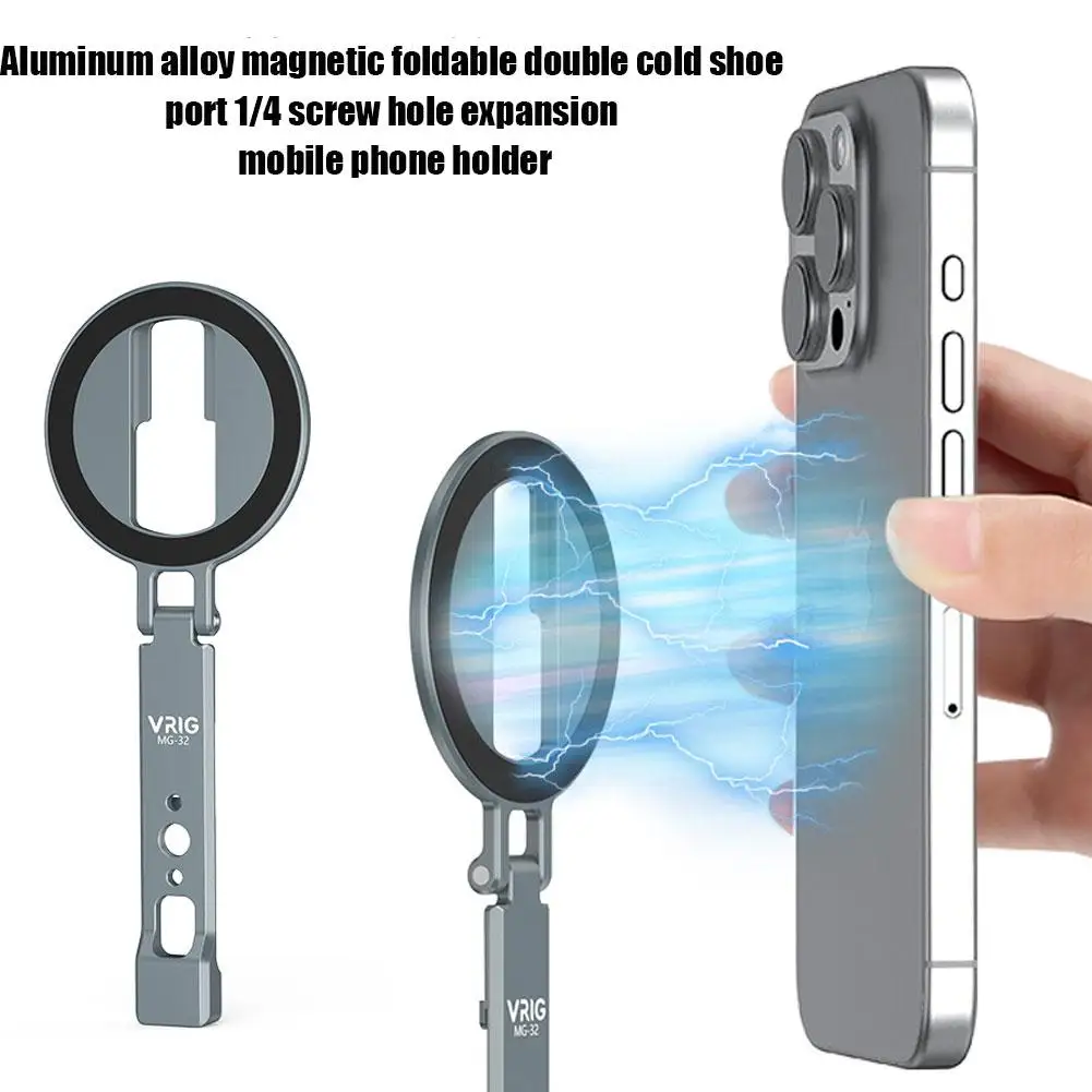 Magnetic Folding Phone Holder Dual Cold Shoe Ports 1/4 Screw Hole Expandable Stand For IPhone Android Phone Desktop Live Streami