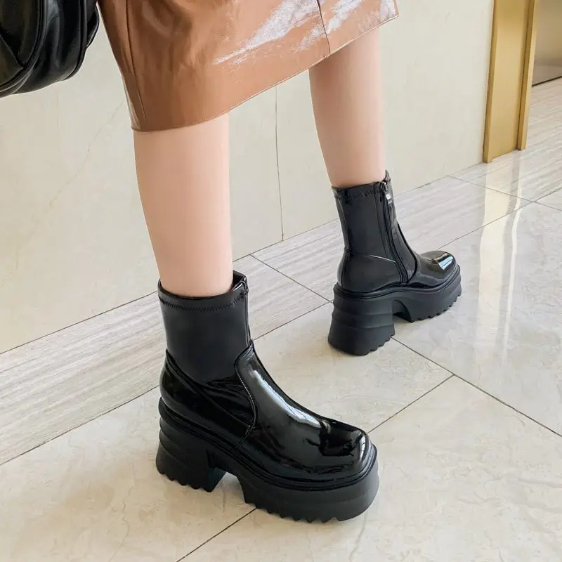 SIMLOVEYO Patent Leather Women Ankle Boots Toe Chunky Heels 9cm Platform Hill Size 42 43 Fashion Party Booty