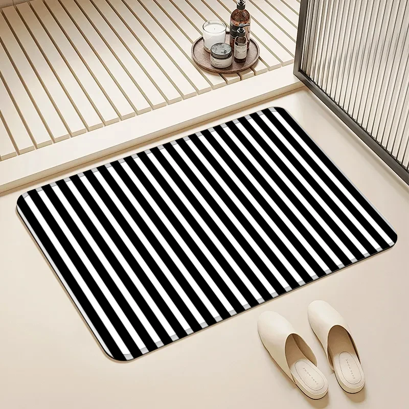 

Black White Stripe Door Mat Non-Slip Absorbent Floor Rug for Home Entrance Bathroom Kitchen Decor