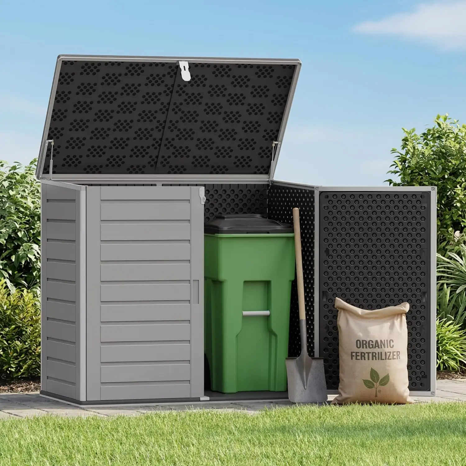 

Weather Resistant Lockable Outdoor Storage Shed, Horizontal Garden Cabinet for Trash Cans & Tools, 49.5 cu ft, Customized
