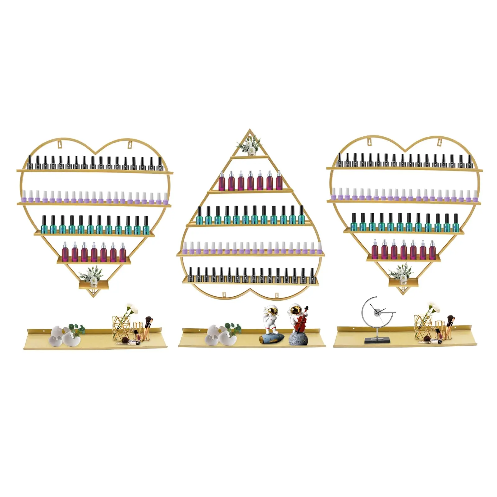 

3 шт. настенные стеллажи для хранения лака для ногтей в форме сердца, 5-уровневая золотая витрина для губной помады, парфюмерных очков, 90 флаконов лака для ногтей