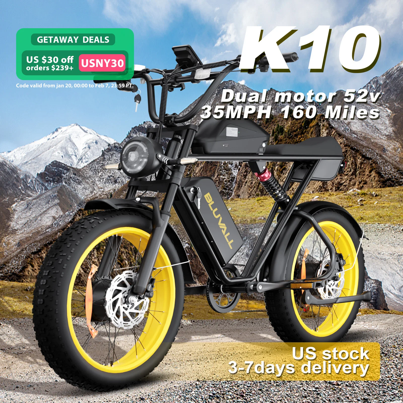 Bluvall K10 Electric Bike with Dual 52V Motors, 35MPH Top Speed, 160-Mile Range, High-Capacity Battery for Long-Distance Commuti