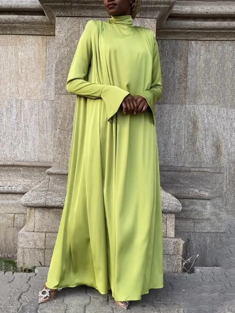 Freeacy Flared Sleeves Solid Color Wrap Dress for Women 2024 Spring New Round Neck Loose Fit Elegant Evening Party Dresses