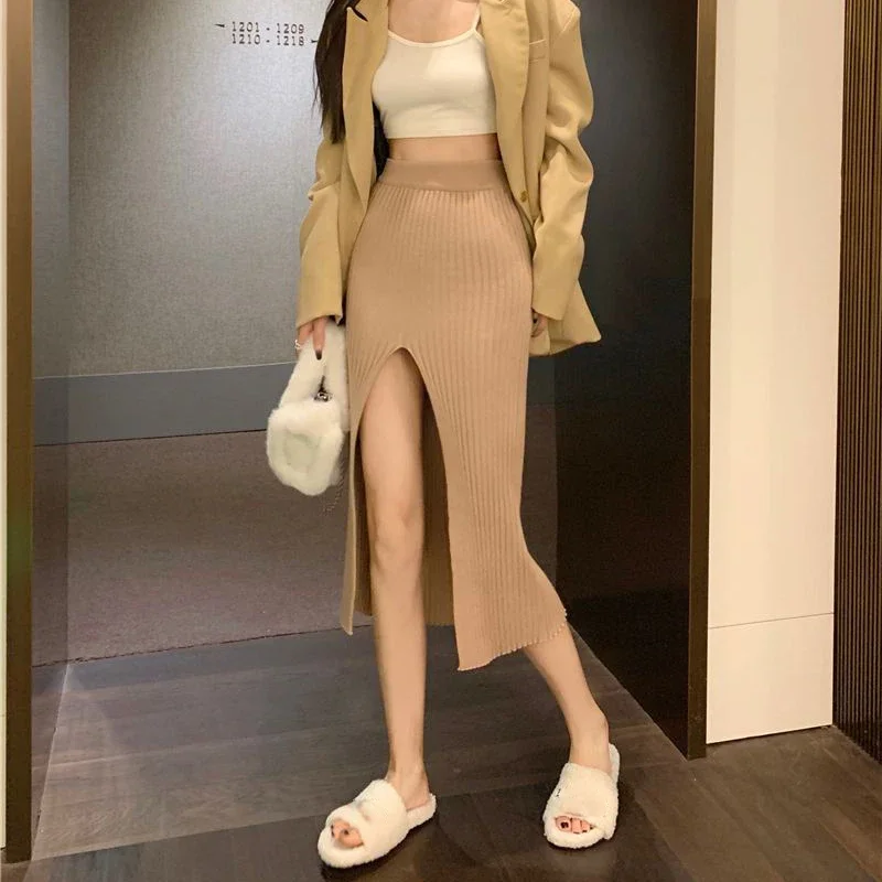 Lucyever Sexy Split Bodycon Long Skirt for Women Elegant Slim Fit High-Waisted Skirts Female Pure Desire Hot Girl Knitted Skirt