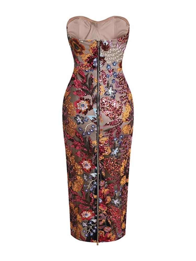 Vestido longo de lantejoula floral sexy sem alças feminino, sem encosto, fino, luxo, festa à noite, vestido de passarela, novo