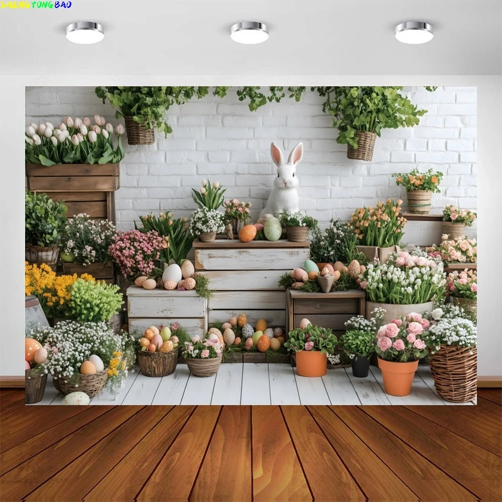 Primavera fundo de páscoa para fotografia parede de tijolo branco piso de madeira plantas verdes flores ovos coelhos pano de fundo estúdio foto