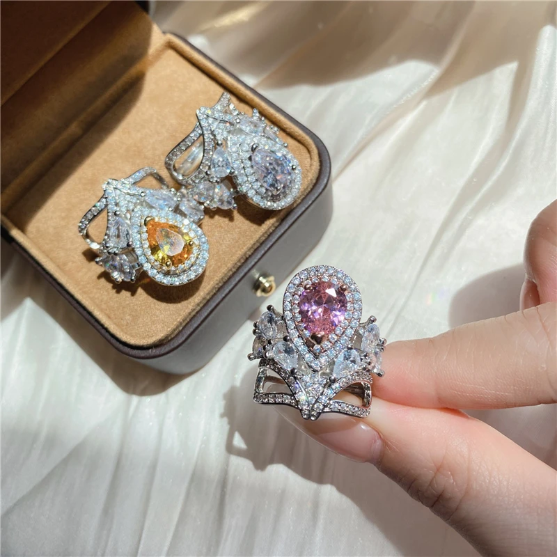 

New Pink Zirconia Ring for Women Resizable Cute Y2K Girls Luxury Jewelry Accessories Fashion Wedding Party Gifts Date Engagement