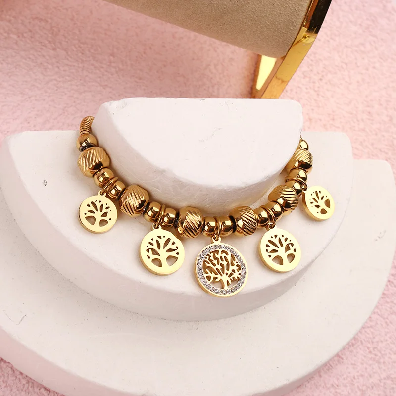 New Hot Sale Stainless Steel Bracelet Gold Plated Tree of Life White Zircon Pendant Women Simple Jewelry Party Gifts Hapiship