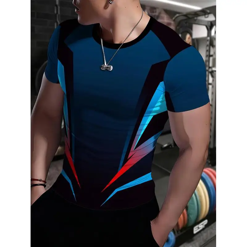 Summer Men's Tight Fitness Short Sleeve High Elastic Quick Dry Muscle Defining Print Sports Training T Shirt Bodybuilding Compre
