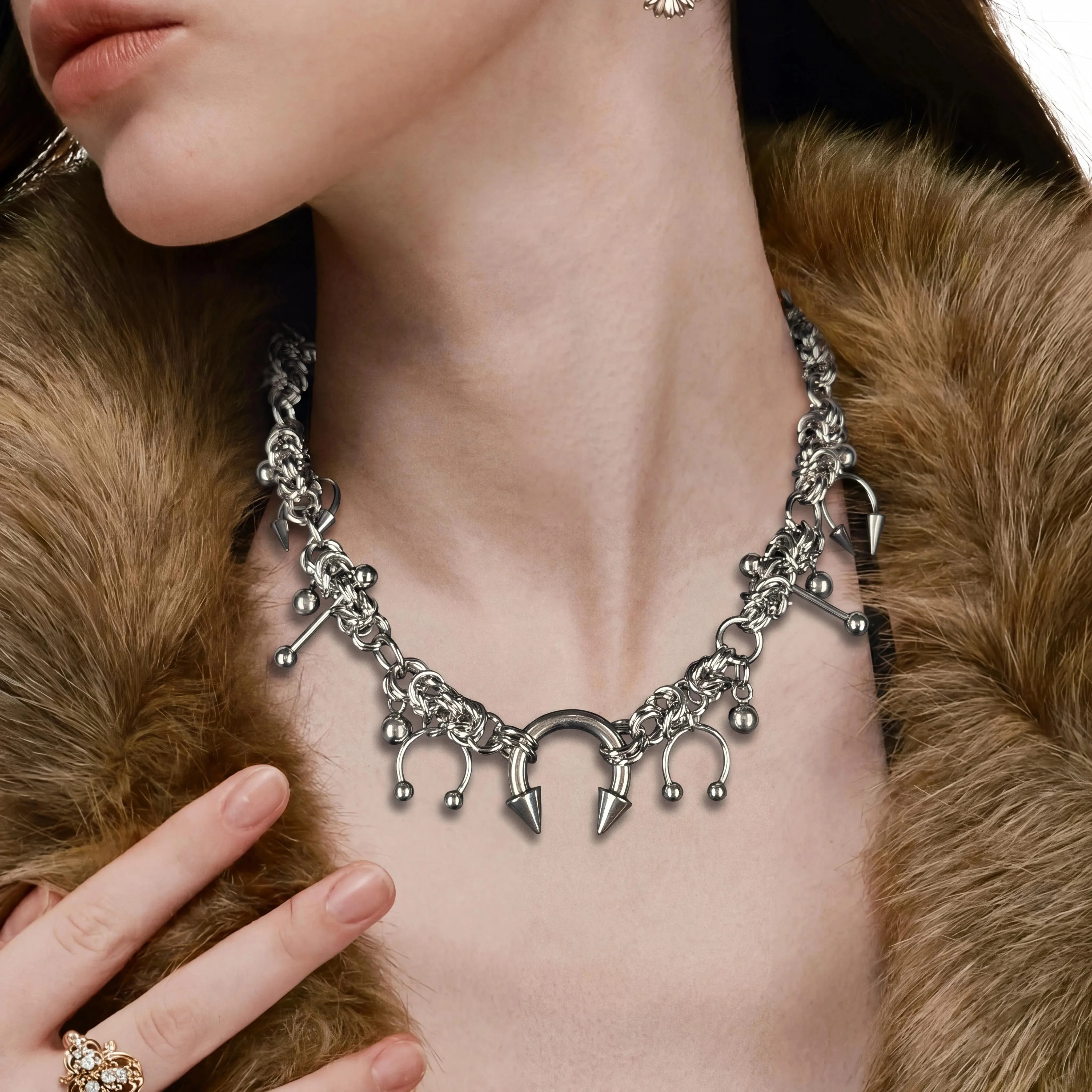 Gothic Punk Spike Horseshoe Choker Necklace Stainless Steel Chunky Woven Chain Edgy Statement Jewelry for Women & Men