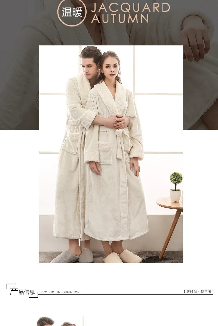 Warmer Winter-Bade- und Schlaf-Loungewear aus weichem Plüsch für Herren, stilvoller, gemütlicher, passender, langer Nerz-Fleece-Patchwork-Bademantel für Paare – Detail 4