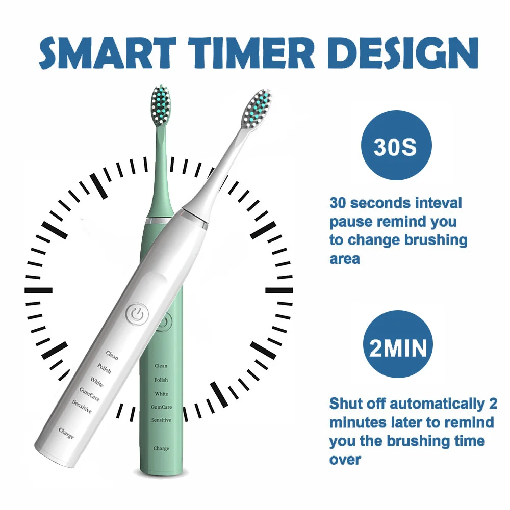 Cepillo de dientes eléctrico sónico con temporizador inteligente para adultos, Limpieza de dientes, blanqueamiento rápido, recargable por USB,