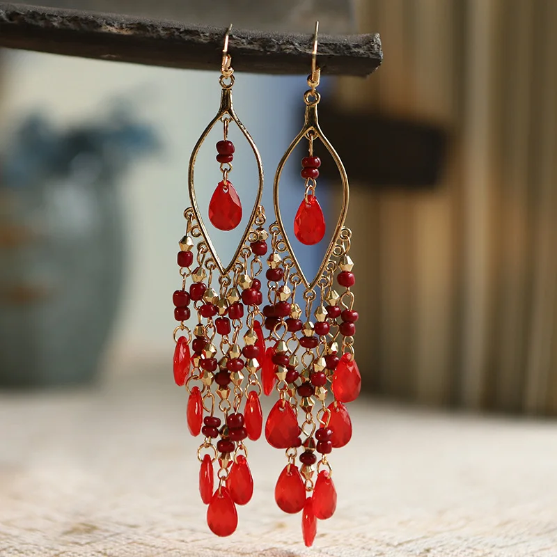 Bohemian Antik Gold Farbe Lange Wasser Tropfen Quaste Ohrringe für Frauen Vintage Bunte Geometrische Tropfen Baumeln Ohrringe Schmuck – Detail 16