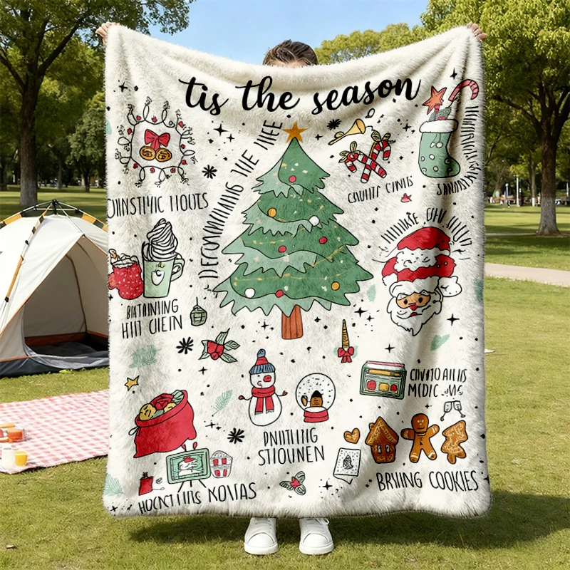 Retro Christmas Flannel Throw, Holiday Doodles, Xmas Cozy Blanket, Wonderful Time Warm Blanket, Vintage Christmas Soft B