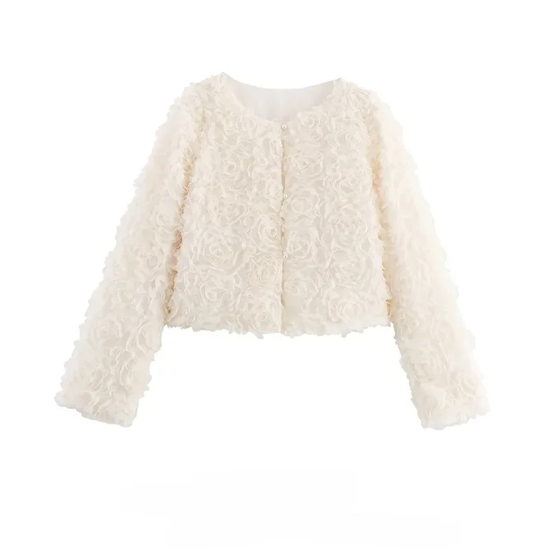 

Женская короткая куртка в стиле минимализм, новинка весны 202, элегантная романтическая стереоскопическая верхняя одежда с круглым вырезом и пуговицами с цветочным принтом, пальто