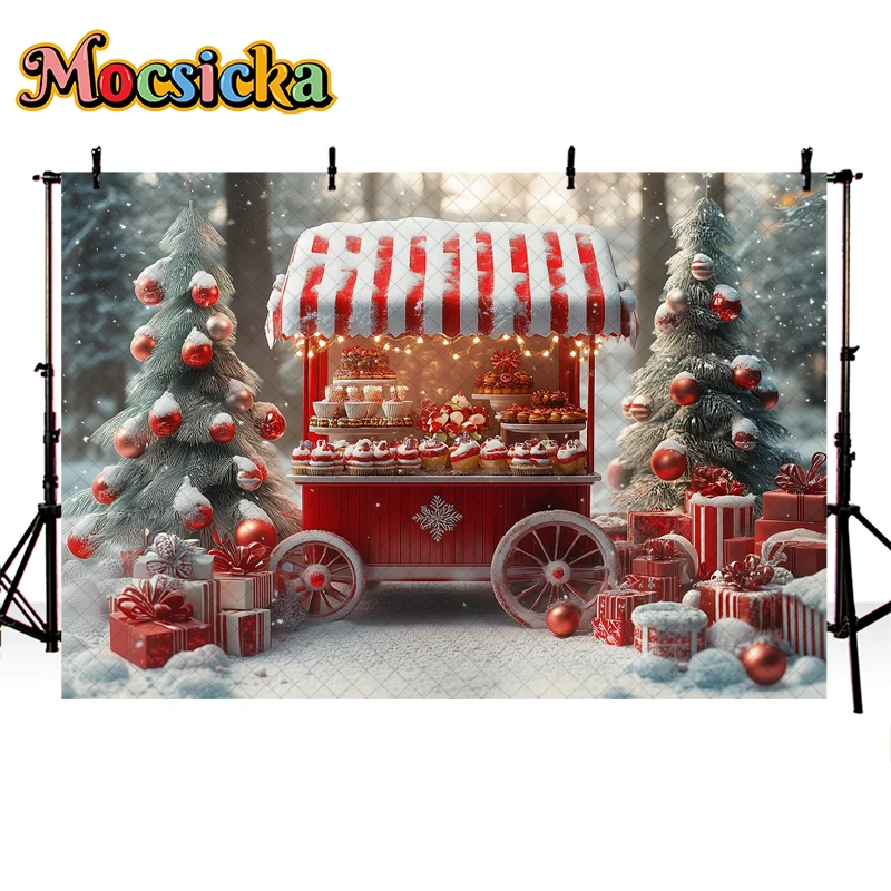 Christmas Candy Stand Photography Background Winter Forest Snow Gift Box Decor Kids Adult Family Portrait Photo Backdrop Studio