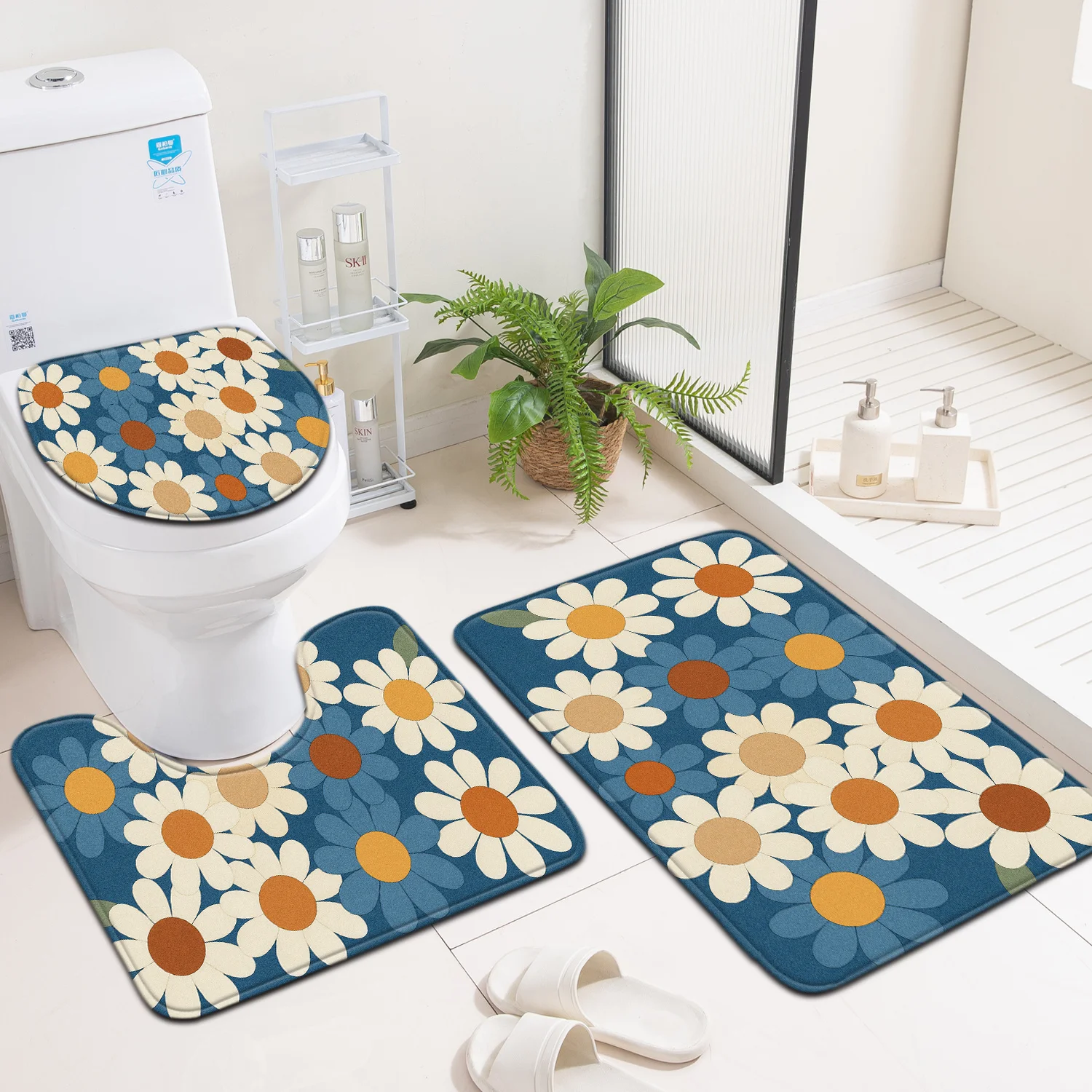 

3pcs Bathroom Three-Piece Set Mat, Home Decor Entry Door Mat, Toilet Lid Mat Toilet Accessory Set, Background with and White