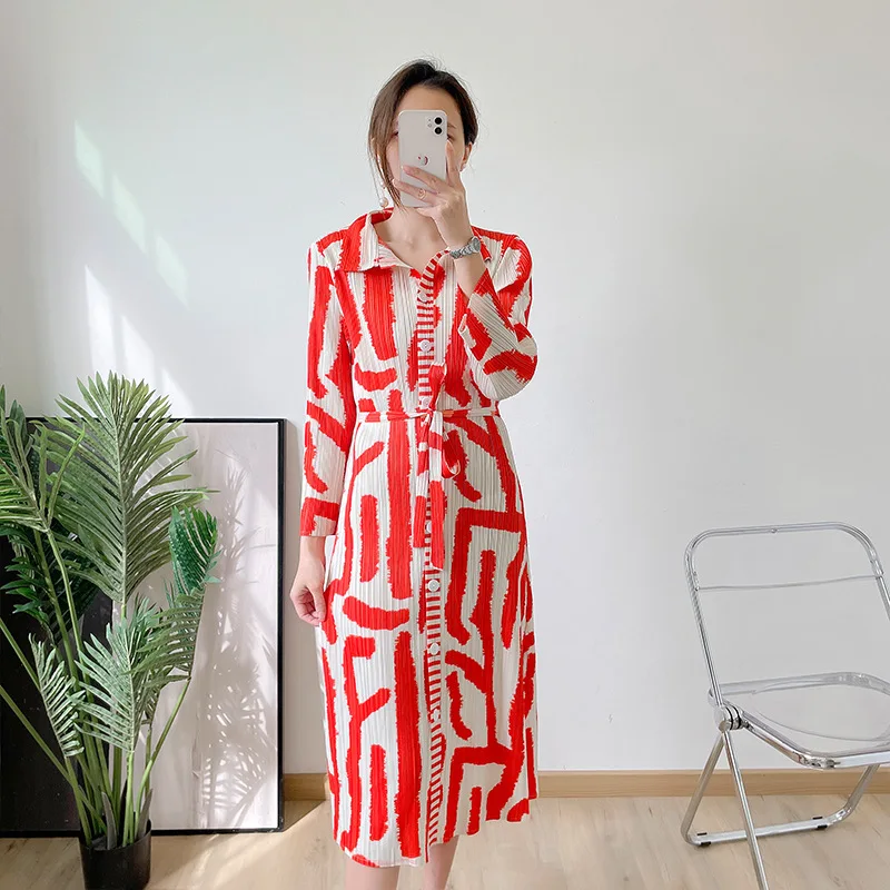 

Miyake Spring and Autumn High-end Geometric Print Elegant Temperament Pleated Dress for Women [X170]